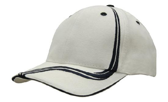 A brushed heavy cotton cap in white with navy waving stripes on the crown and peak, featuring a logo.