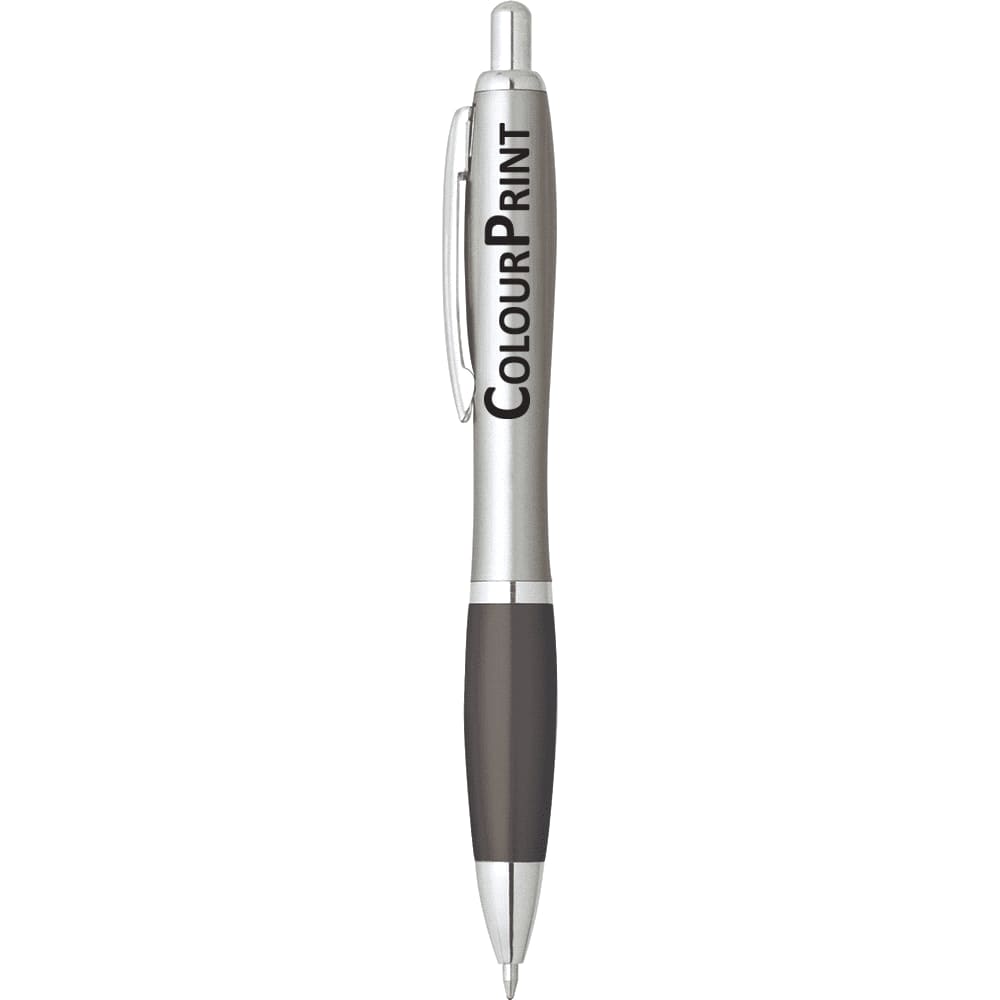 A silver and black plastic pen featuring a branding logo on the barrel.