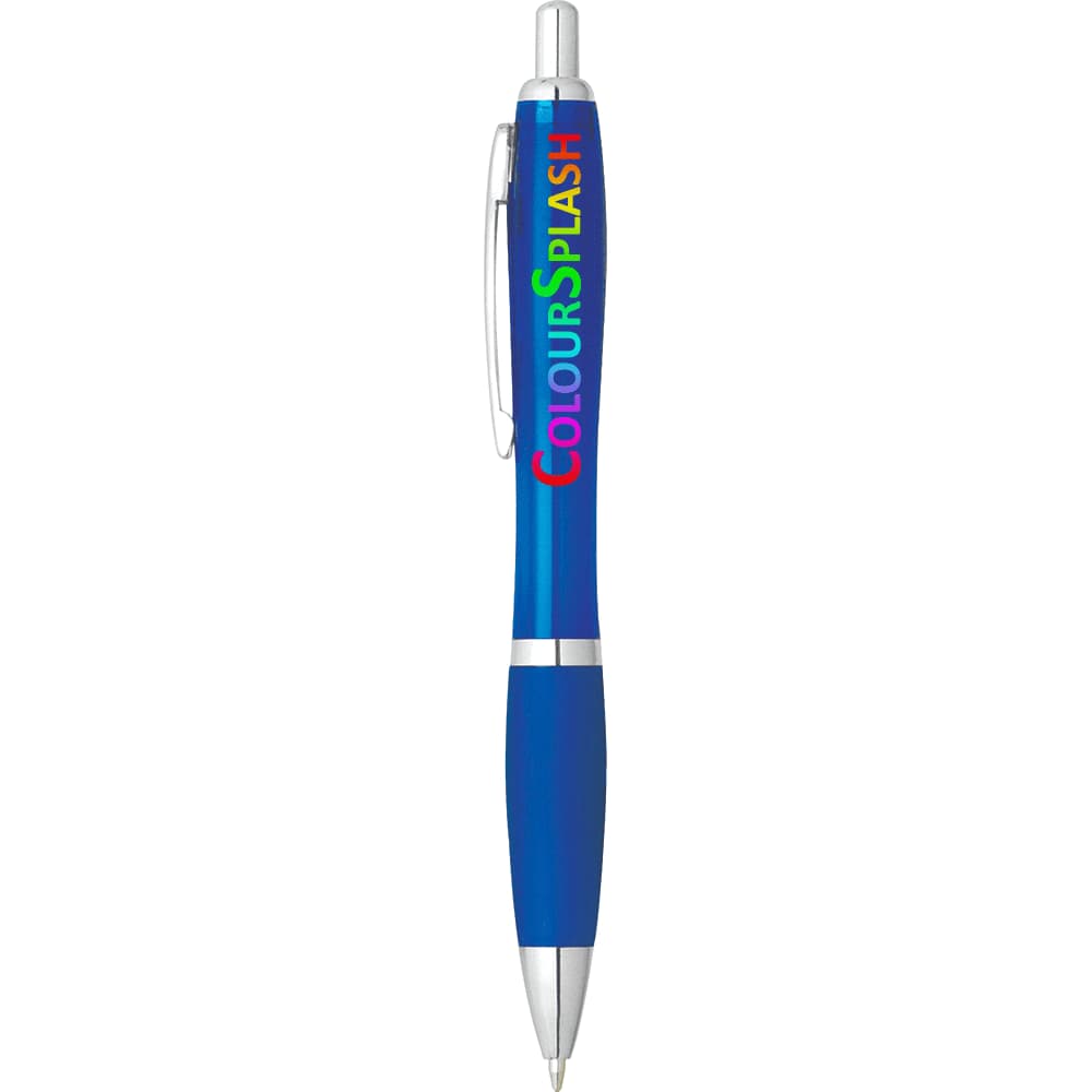 A blue plastic pen featuring silver accents and a logo. The pen has a comfortable grip and a sleek design.
