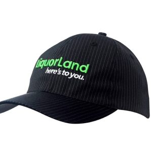 A black cotton cap with a woven pinstripe design and a logo on the front.