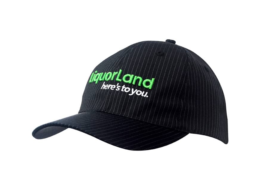 A black cotton cap with a woven pinstripe design and a logo on the front.