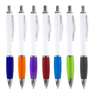 A collection of ballpoint pens with white barrels and coloured grips in blue, orange, purple, red, teal, and green.