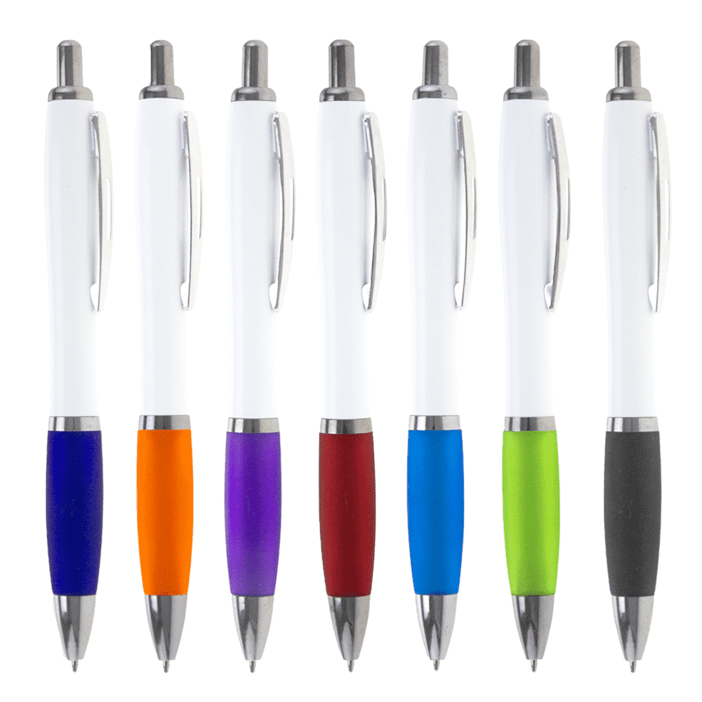 A collection of ballpoint pens with white barrels and coloured grips in blue, orange, purple, red, teal, and green.