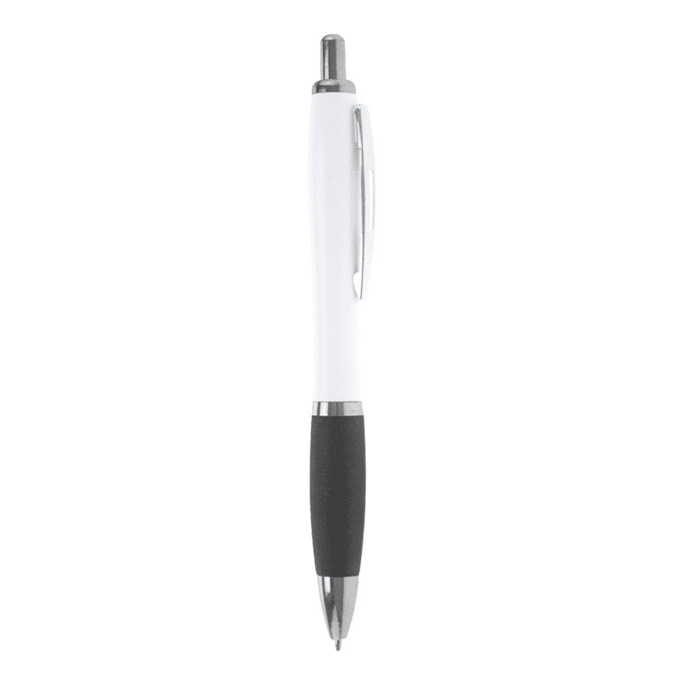 A white ballpoint pen with a coloured grip and silver accents, featuring a clip and a logo.