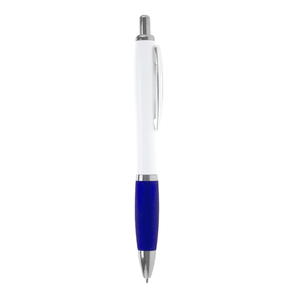 A ballpoint pen with a white barrel and a blue grip, featuring a silver clip and tip.