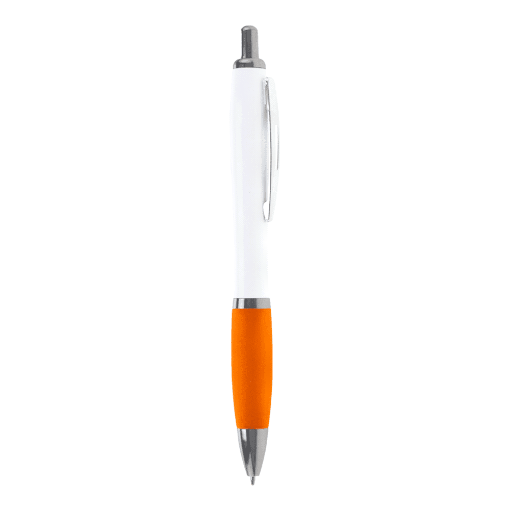 A plastic ballpoint pen with a white barrel and an orange grip, featuring a metal clip and nib.