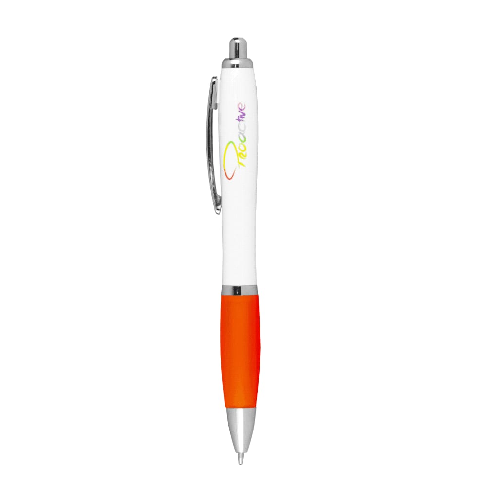 A ballpoint pen with a white barrel and an orange grip, featuring a logo.