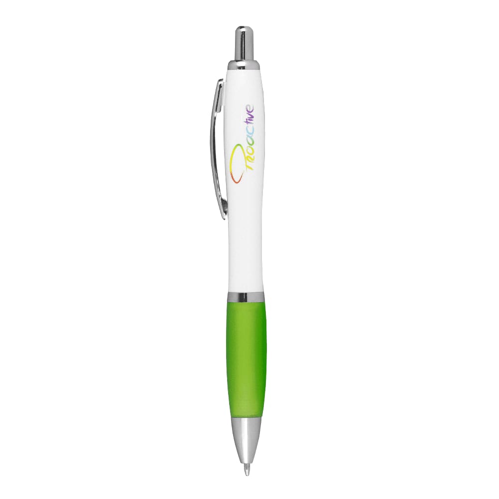 A ballpoint pen with a white barrel and a green grip, featuring a silver clip and branding.