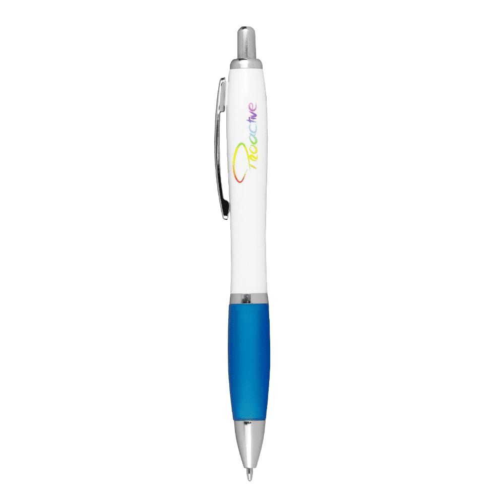 A ballpoint pen with a white barrel, blue grip, and a logo on the side.