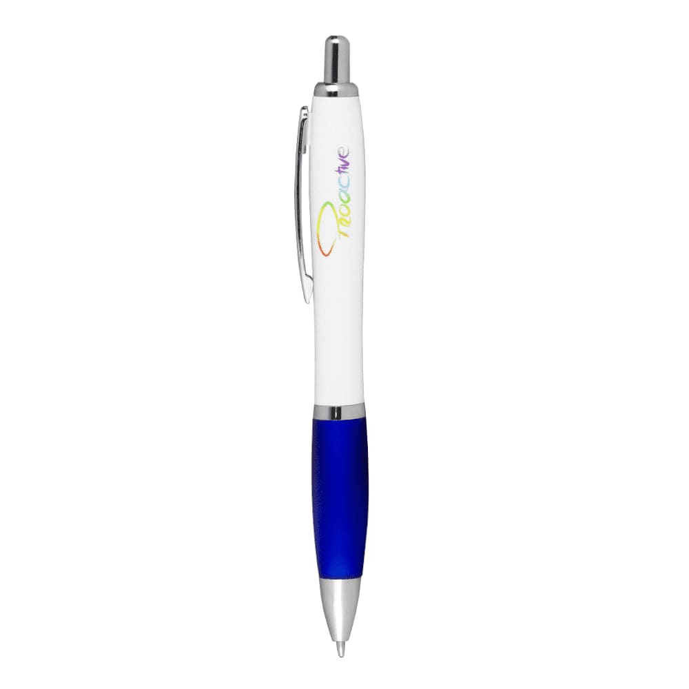 A ballpoint pen with a white barrel, blue grip, and a silver clip, featuring a logo on the barrel.