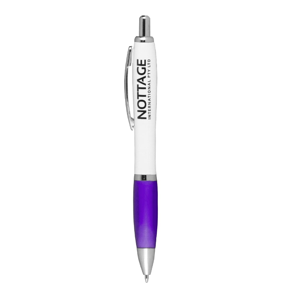 A ballpoint pen featuring a white barrel and a purple grip, with a logo on the barrel.