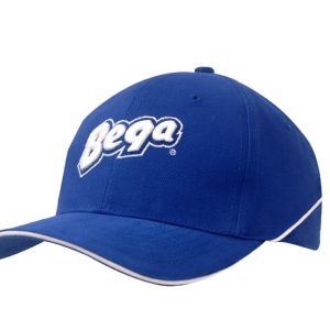 A blue brushed heavy cotton cap featuring white crown piping and a logo on the front.
