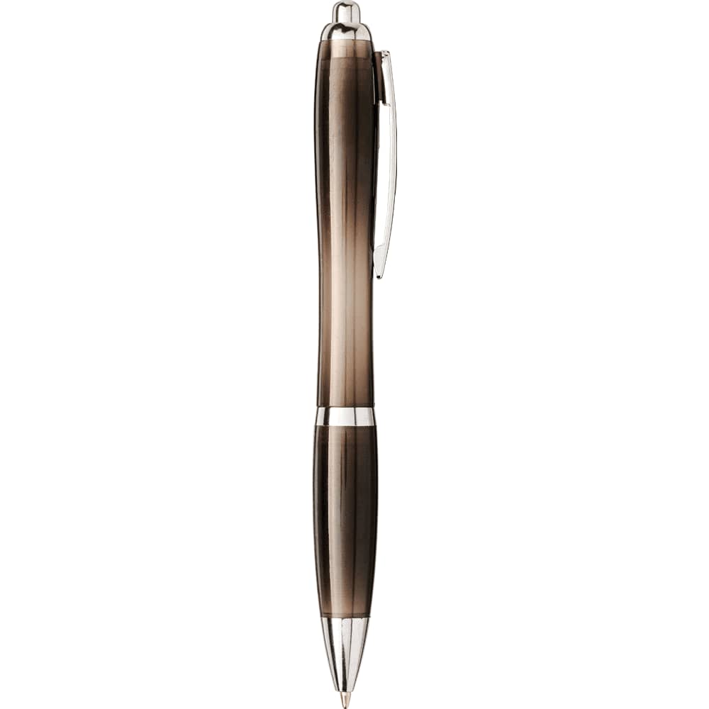 A grey and silver ballpoint pen with a sleek design and a logo on the barrel.