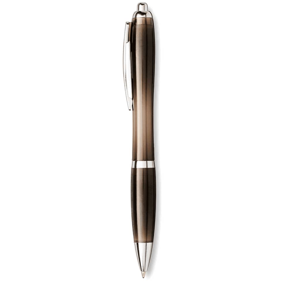 A brown and silver ballpoint pen with a sleek design and a clip, featuring branding.