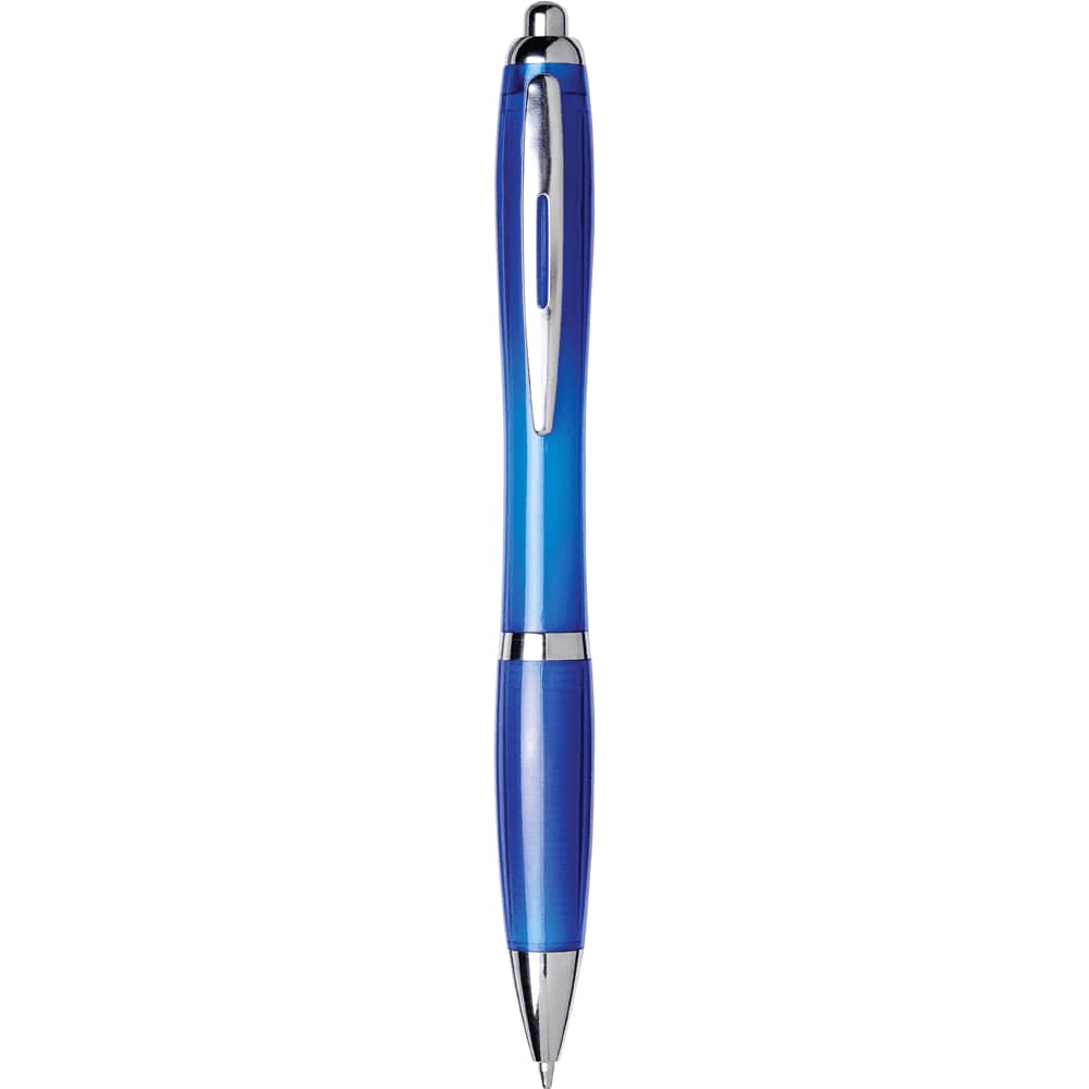 A blue ballpoint pen with a clear barrel and silver accents, featuring a logo.