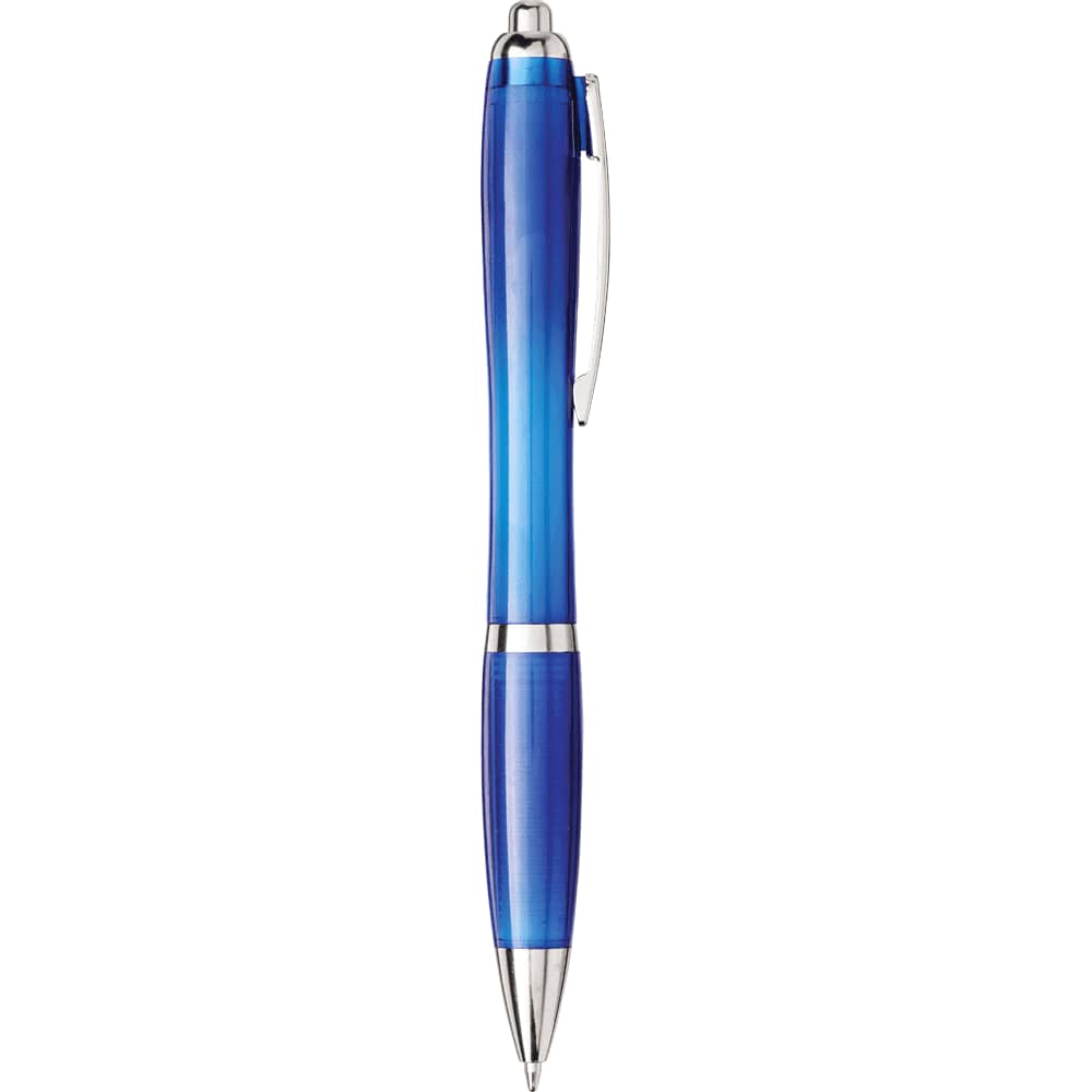 A blue pen with a gradient finish and silver accents, featuring a branding logo.