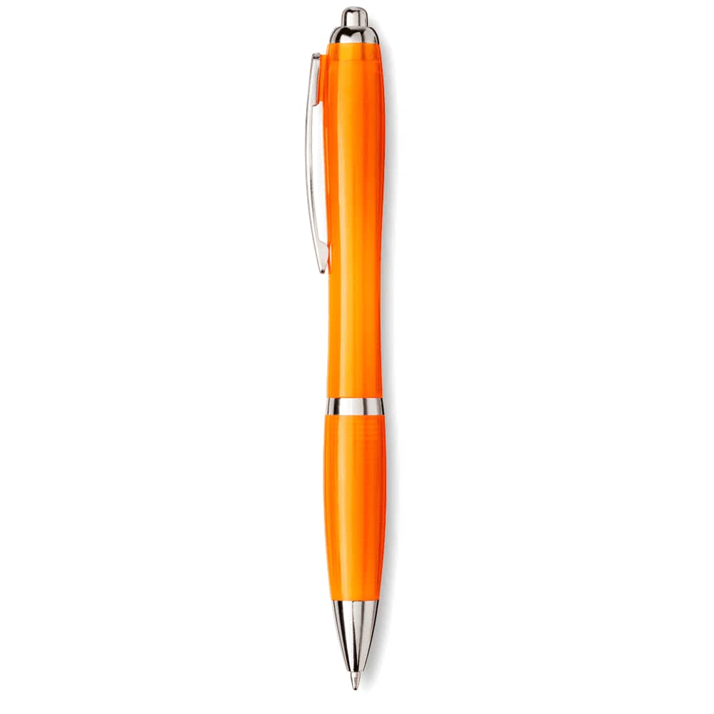 An orange ballpoint pen with silver accents and a branding logo.