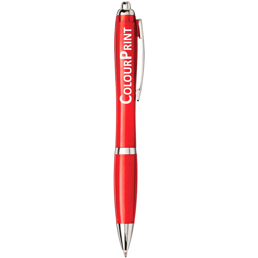 A red ballpoint pen with a silver clip and accents, featuring a branding logo.