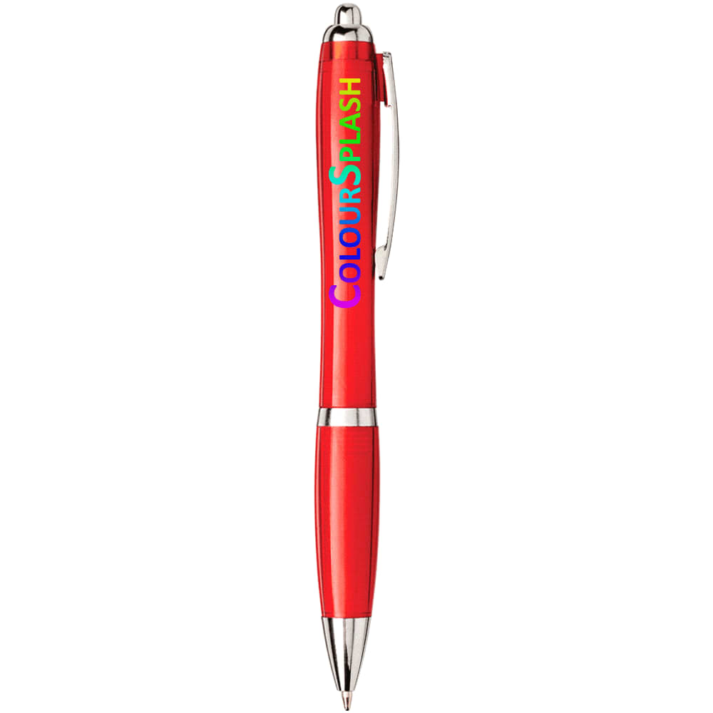A red ballpoint pen with a sleek design and silver accents, featuring a branded logo.