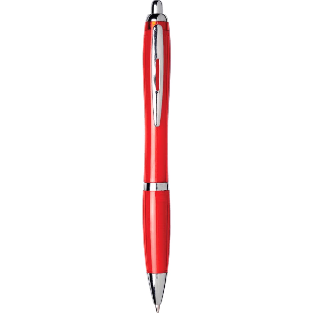 A red ballpoint pen with silver accents and a transparent barrel, featuring a logo.