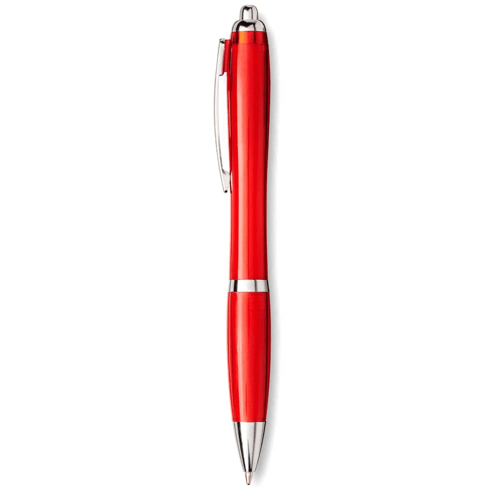 A red ballpoint pen with silver accents and a clip. The pen has a sleek, plastic design and features a logo.