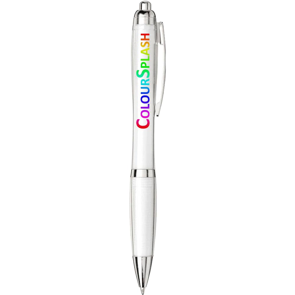 A plastic ballpoint pen in white with a coloured logo and a clip for easy attachment.