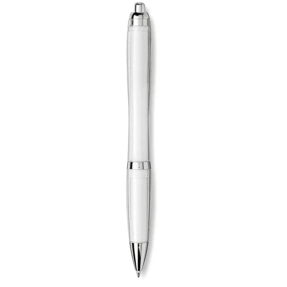 A white ballpoint pen with silver accents and a branding logo. Made from recycled PET materials.