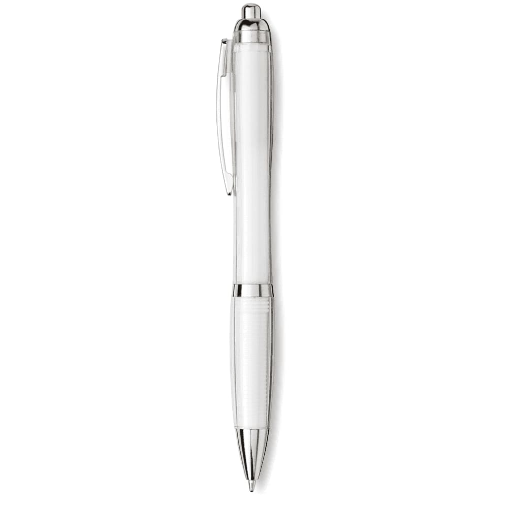 A ballpoint pen in a transparent body with silver accents and a clip. Features a logo on the barrel.