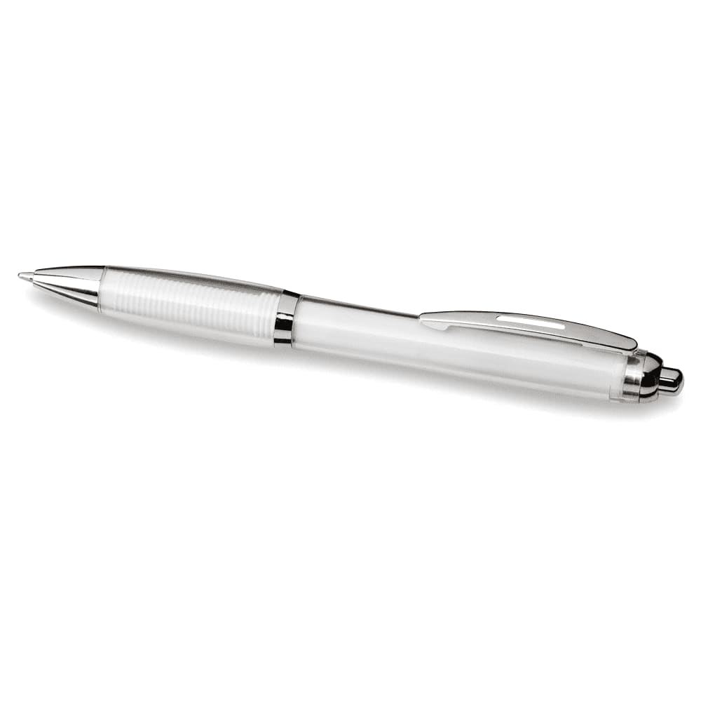 A ballpoint pen in white with silver accents and a textured grip, featuring a logo on the barrel.