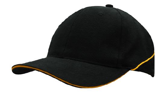 A black cap with crown piping and a sandwich brim, featuring a logo on the front.
