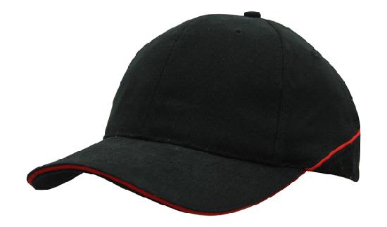 A black brushed heavy cotton cap featuring crown piping and a sandwich peak, with a logo on the side.