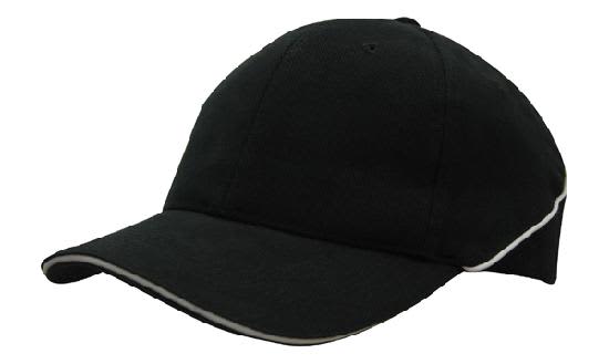A black brushed heavy cotton cap featuring crown piping and a sandwich brim, with a logo present.