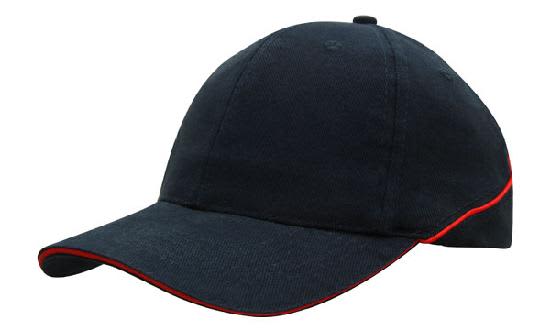 A navy blue cap featuring crown piping and a sandwich brim, with a logo on the front.