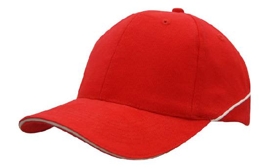 A red brushed heavy cotton cap featuring crown piping and a sandwich peak, with a logo present.