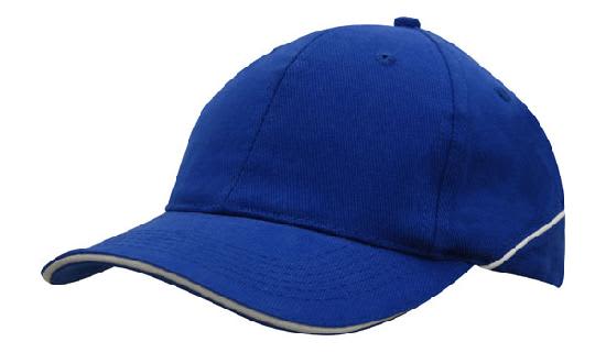 A blue brushed heavy cotton cap featuring crown piping and a sandwich peak. The cap has a logo.