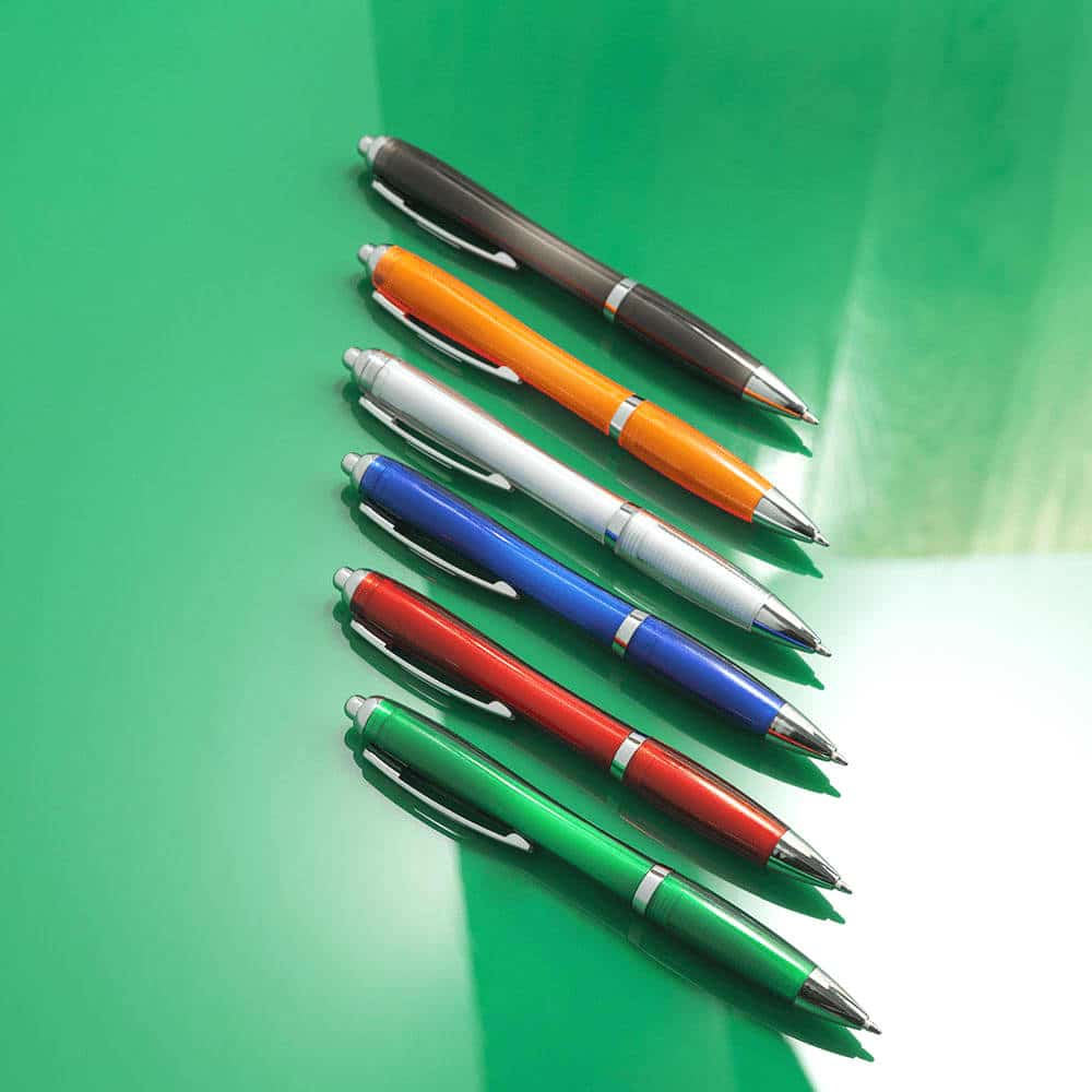 A collection of ballpoint pens in black, orange, blue, white, red, green, and grey, featuring silver accents and branding.