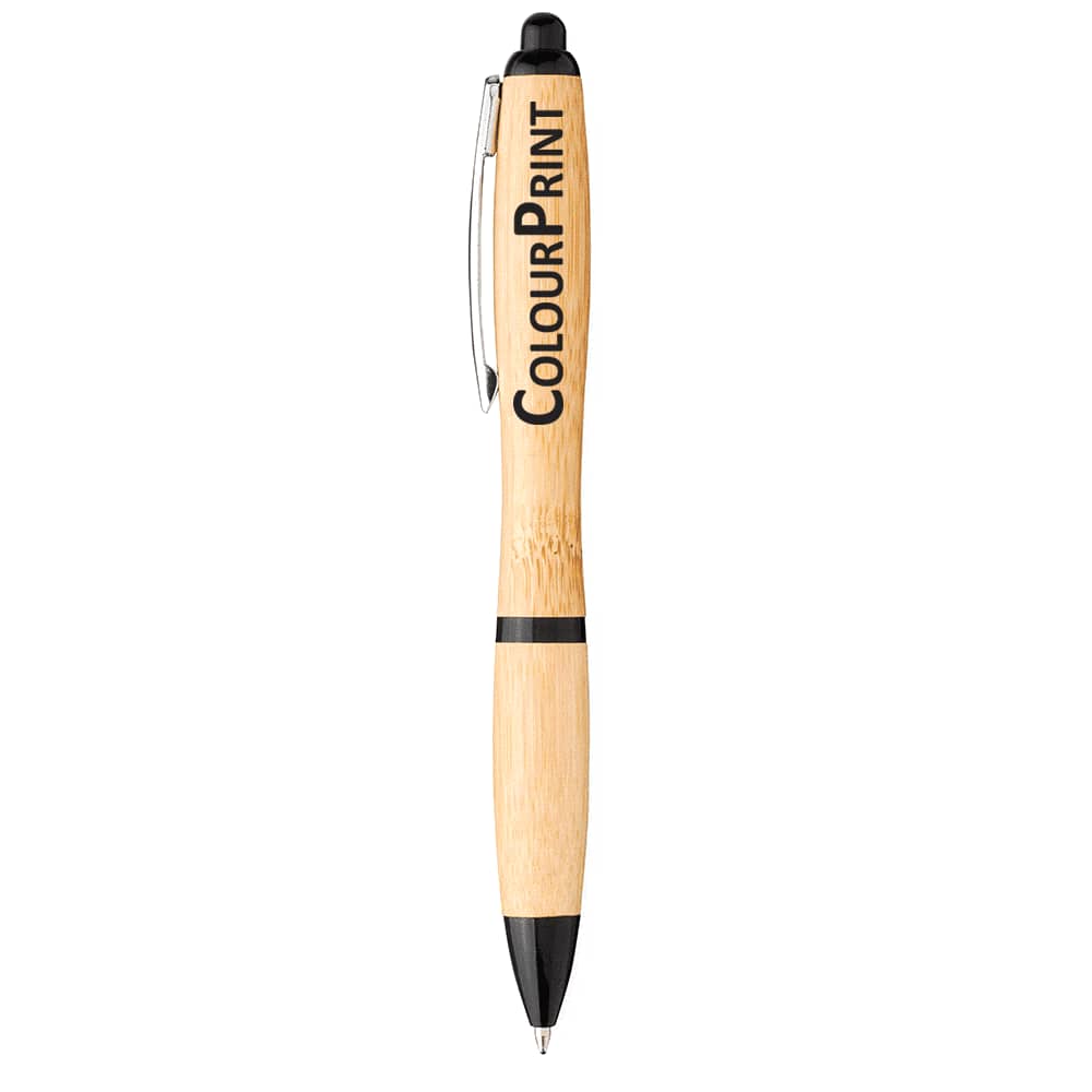 A bamboo ballpoint pen with black accents and a branding logo on the barrel.