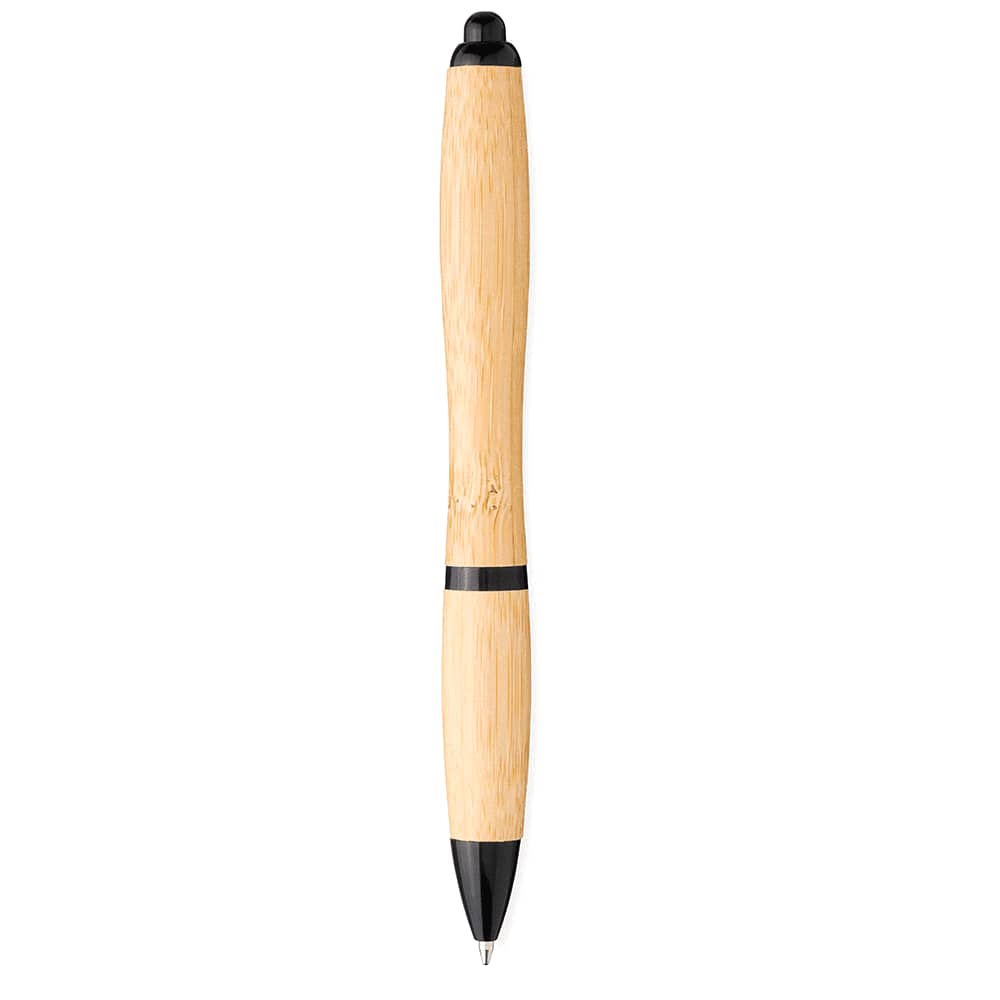 A bamboo ballpoint pen with black accents, featuring a smooth design and a clickable top. It has a logo on the body.