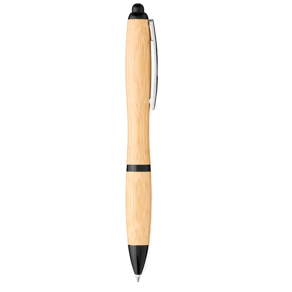A bamboo ballpoint pen with a natural finish and black accents, featuring a clip and a logo.