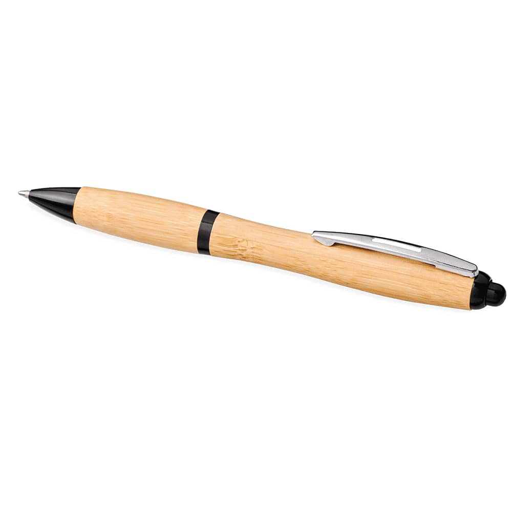 A bamboo ballpoint pen with a silver clip and black accents. It features a logo on the barrel.
