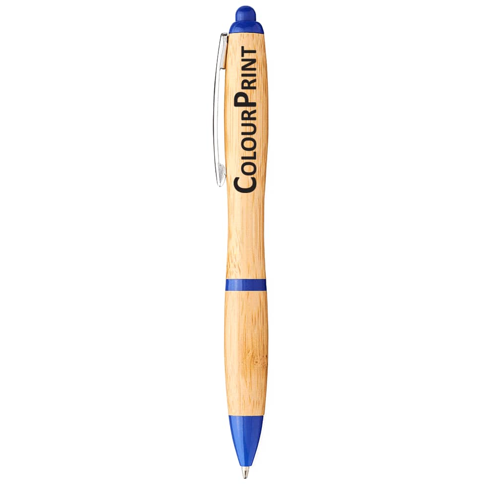 A bamboo ballpoint pen featuring blue accents and a clip, with a logo on the barrel.