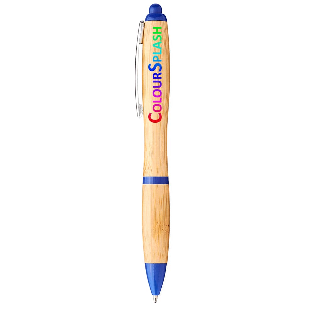 A bamboo ballpoint pen with blue accents and a logo, designed for writing.