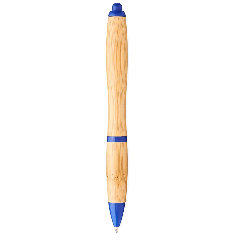 A bamboo ballpoint pen featuring blue accents and a smooth, curved design, with a logo on the side.