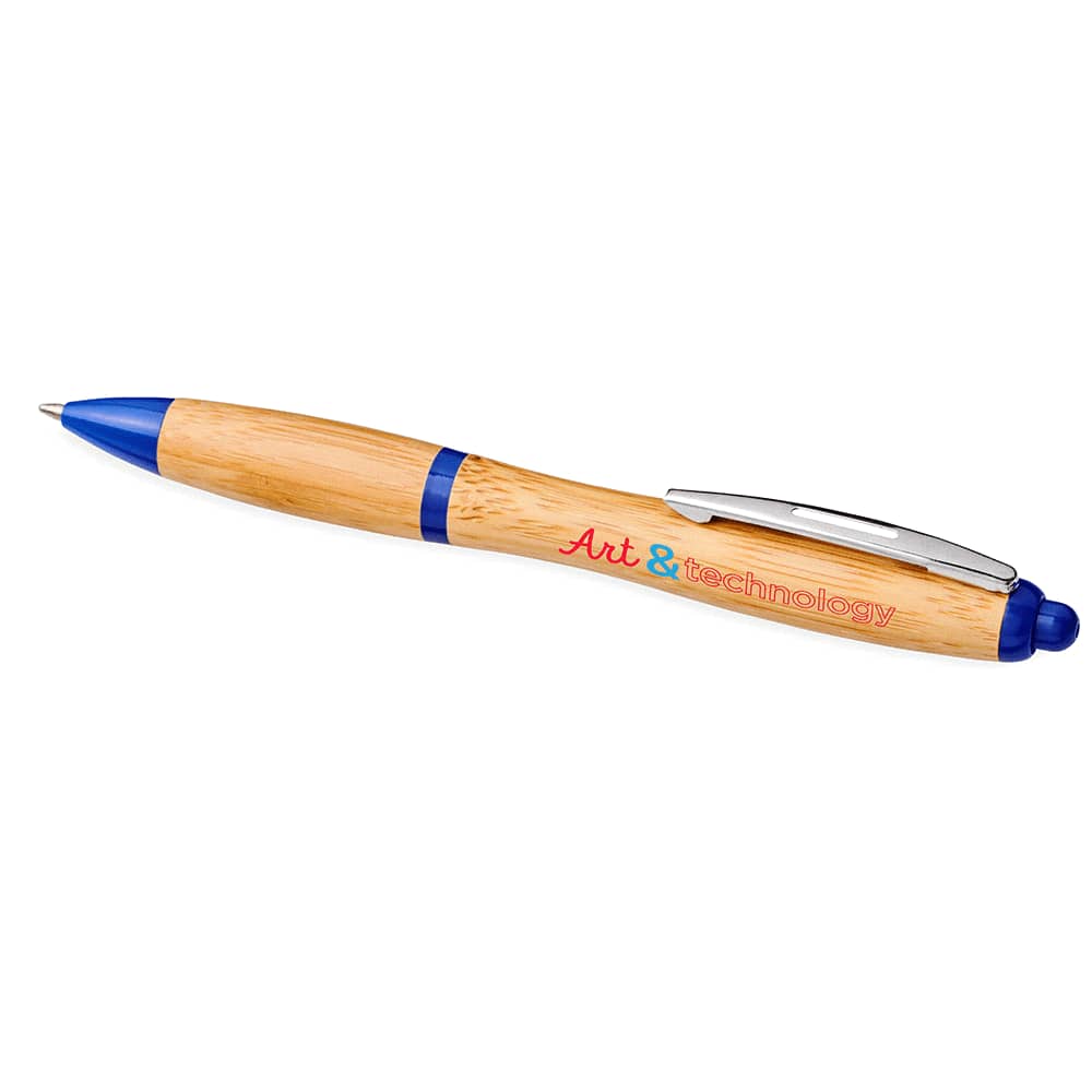 A bamboo ballpoint pen with a blue grip and a chrome clip, featuring a logo on the barrel.