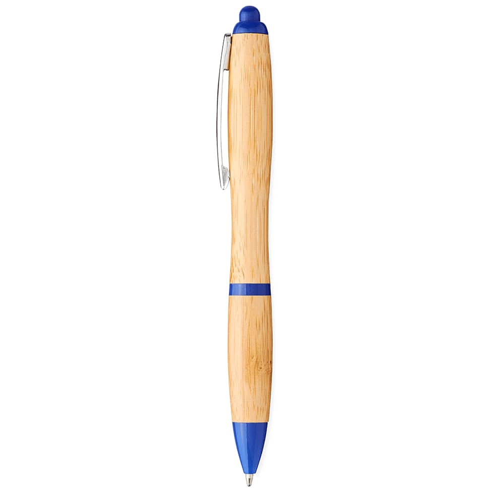 A bamboo ballpoint pen with a blue tip and accents, featuring a silver clip and branding.