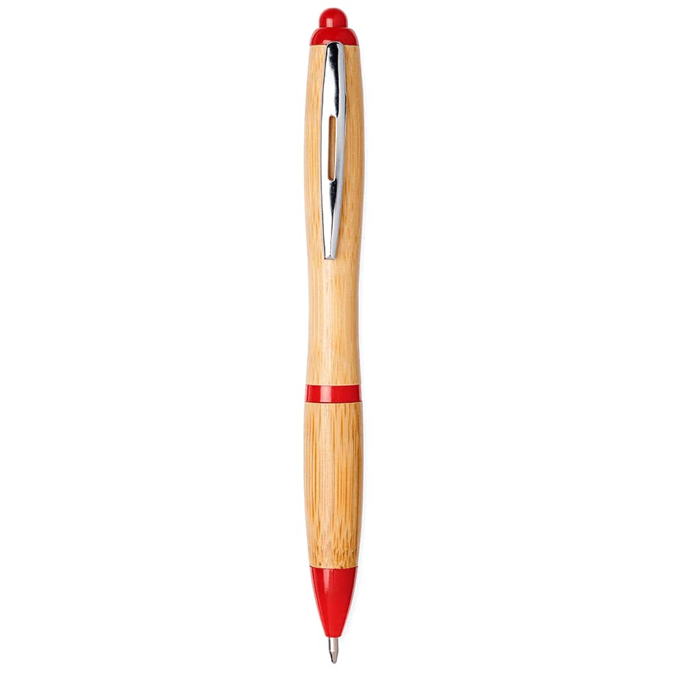 A bamboo ballpoint pen featuring a red clip and accents, complemented by a shiny chrome detail.