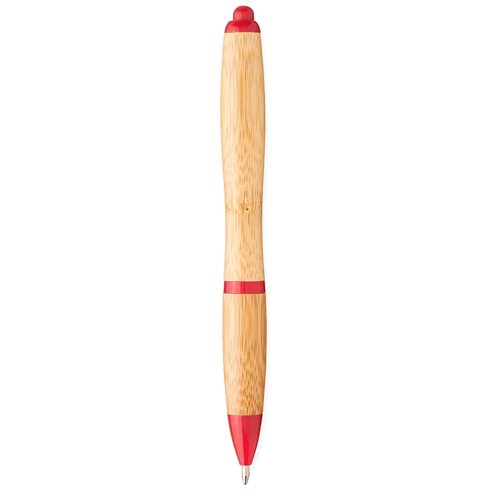 A bamboo ballpoint pen with red accents, featuring a sleek design and a branding logo on the barrel.