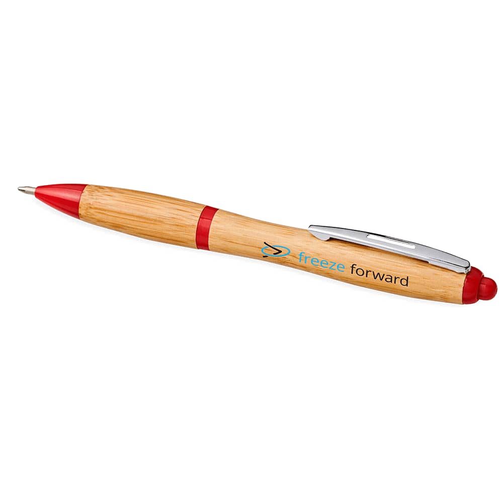A bamboo ballpoint pen with a red tip and clip, featuring a logo on the barrel.