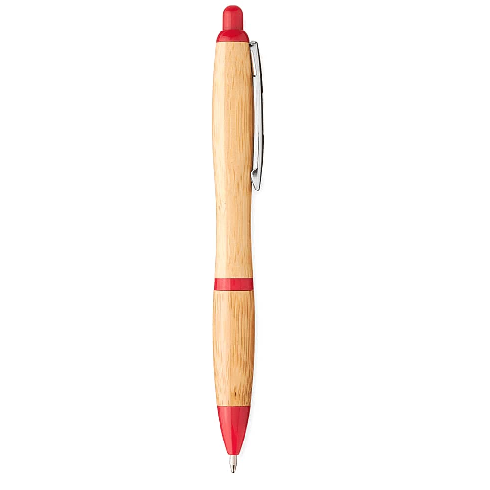 A bamboo ballpoint pen with red accents and a metallic clip, featuring a logo.