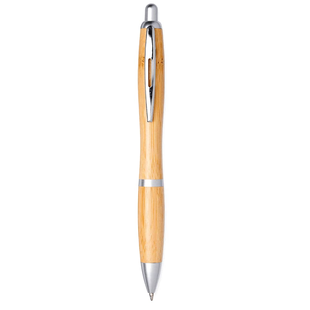 A bamboo ballpoint pen featuring silver accents and a clip, exhibiting a natural wood appearance.